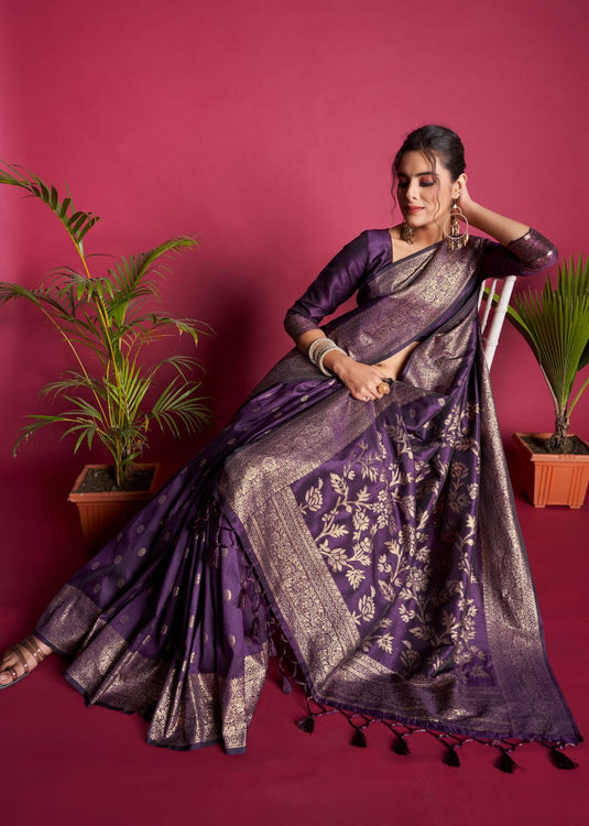 Purple Banarasi Raw Silk Zari Weaving Traditional Saree