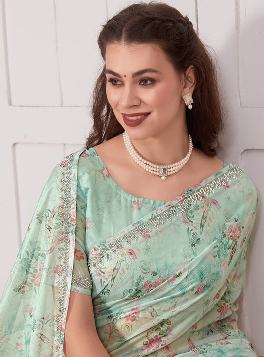 Sea Green Radiant Premium Metallic Organza Floral Digital Printed Saree