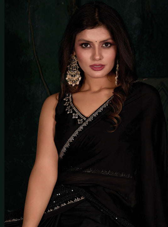 Black Radiant Premium Satin Sequence Embroidered Work Saree