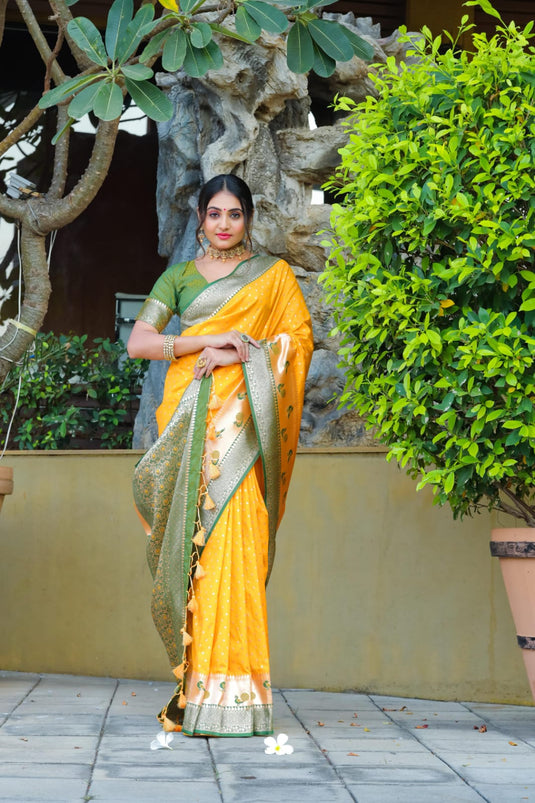 Yellow Banarasi Soft Silk Zari Weaving Paithani Saree With Beautiful Contrast Peacock Border