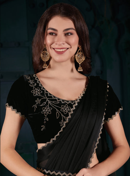 Black Radiant Georgette Silk Plain Handwork Border Saree