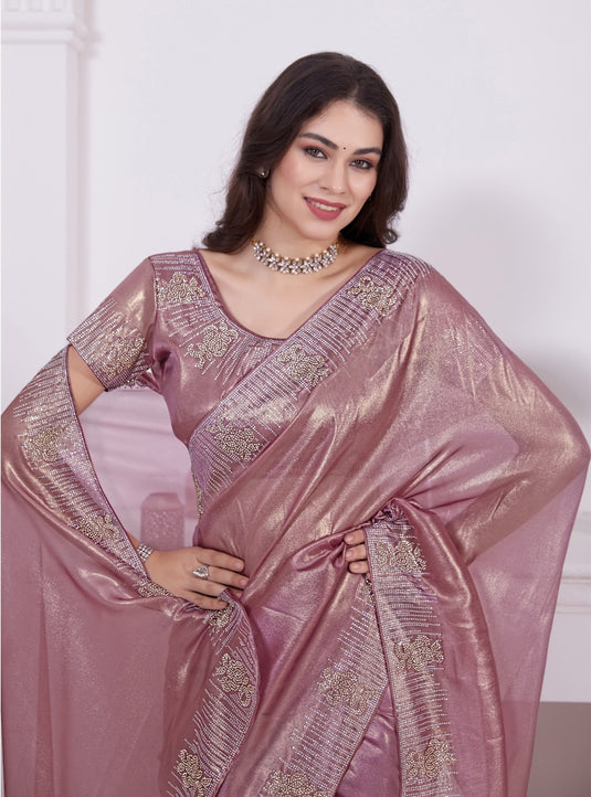 Pink Graceful Premium Metallic Organza Stone Work Saree