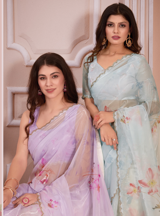 Lavender Effortless Premium Metallic Organza Floral Digital Printed Saree