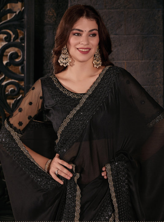 Black Graceful Chiffon Thread Embroidered Stone Work Saree