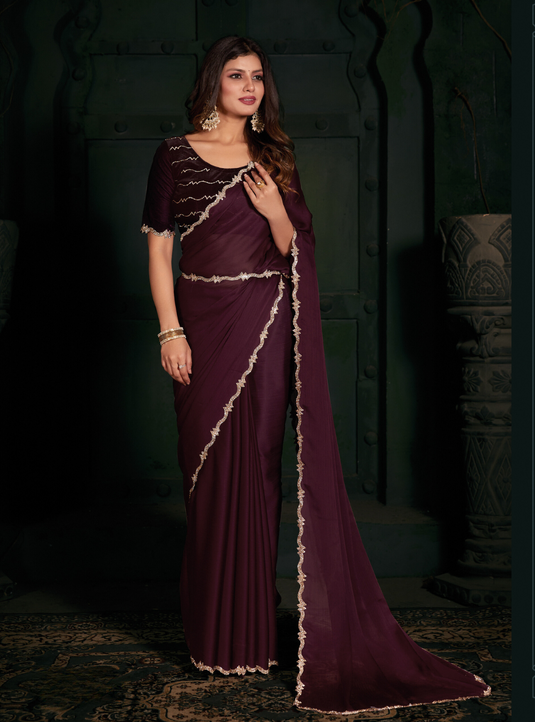 Brown Latest Georgette Silk Plain Handwork Border Saree