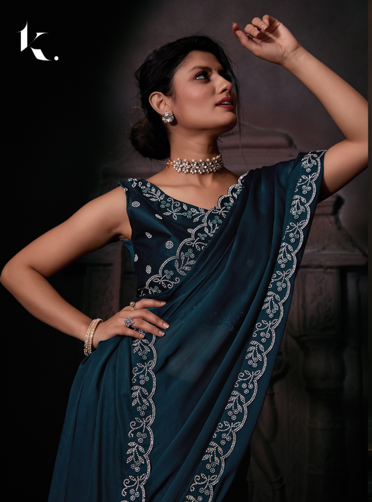 Teal Blue Elegant Premium Satin Silk Swarovski Work Saree