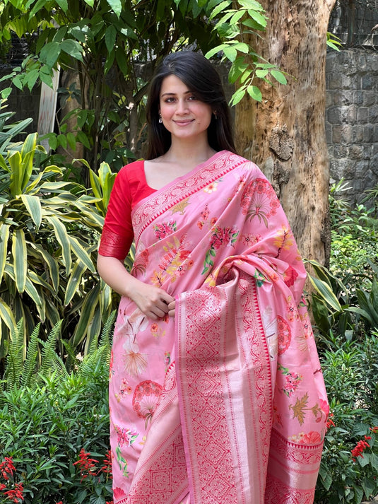 Pink Soft Banarasi Silk Floral Digital Printed Zari Weaving Border Saree