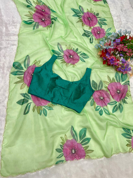 Mint Green Taby Organza Floral Print Hand Cutdana Work Saree