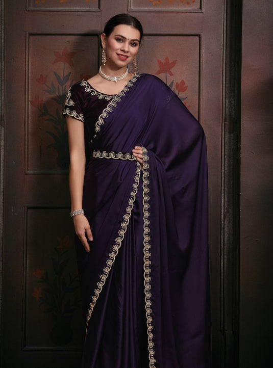 Purple Stunning Premium Satin Silk Swarovski Work Saree