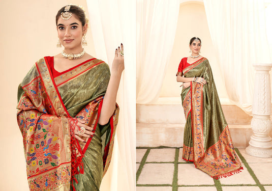 Olive Green Pure Handloom Zari Weaving Traditional Saree