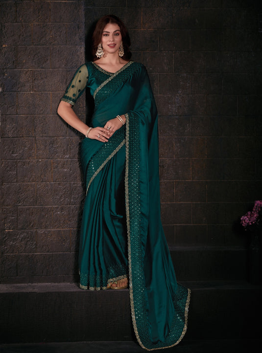 Bottle Green Graceful Chiffon Thread Embroidered Stone Work Saree