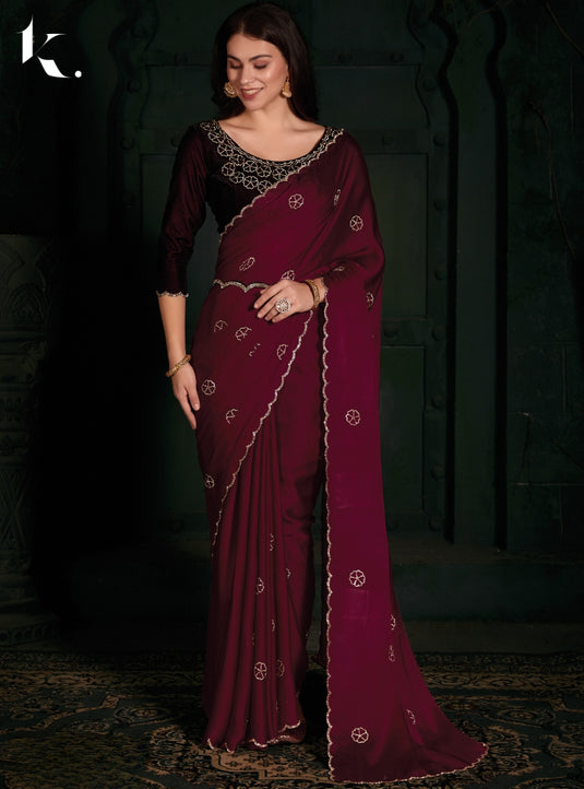 Pink Satin Chiffon Stone Work Party Wear Saree