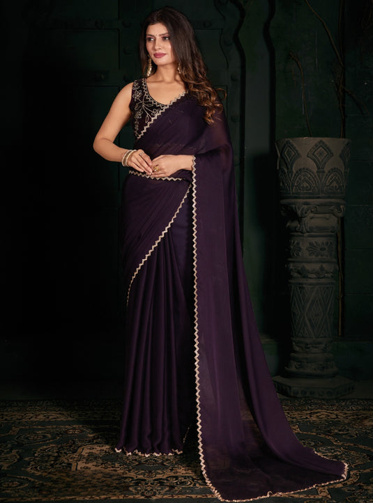 Violet Radiant Georgette Silk Plain Handwork Border Saree