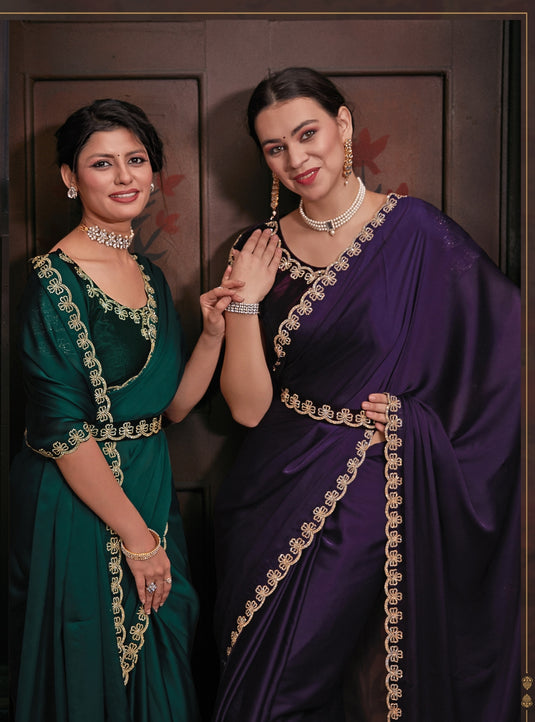 Purple Stunning Premium Satin Silk Swarovski Work Saree