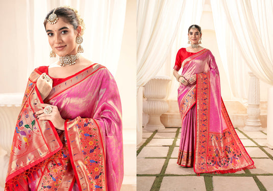 Pink Pure Handloom Zari Weaving Traditional Saree