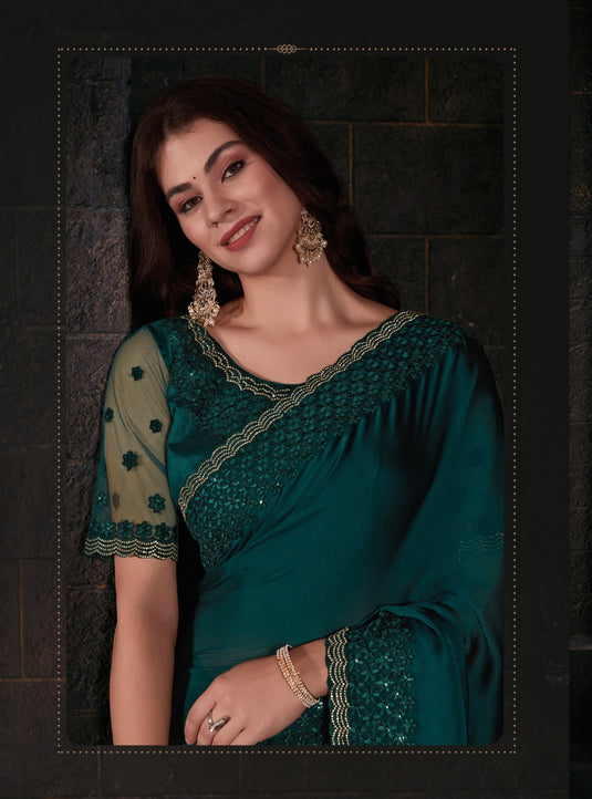 Bottle Green Graceful Chiffon Thread Embroidered Stone Work Saree