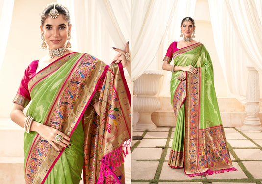 Parrot Green Handloom Zari Weaving Traditional Saree