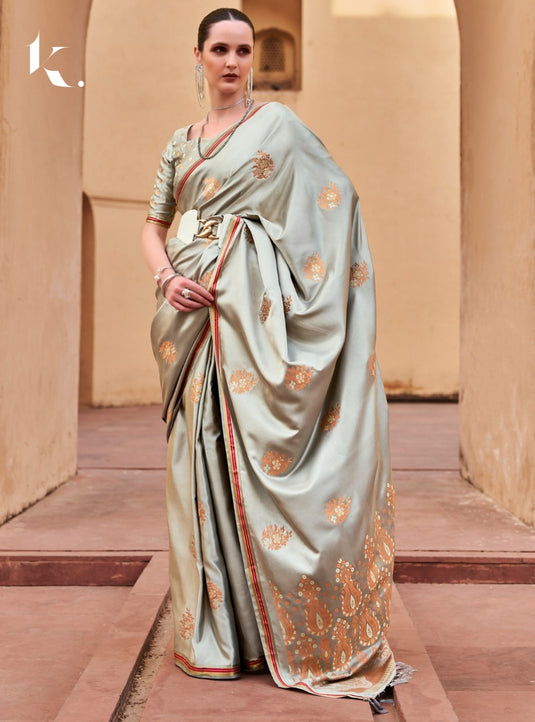 Grey Pure Satin With Copper Zari Weaving Designer Saree