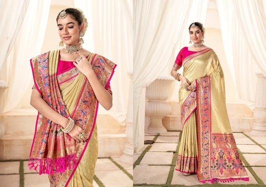 Beige Handloom Zari Weaving Traditional Saree