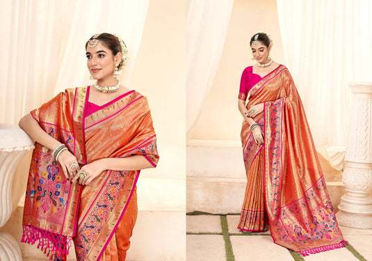 Orange Handloom Zari Weaving Traditional Saree