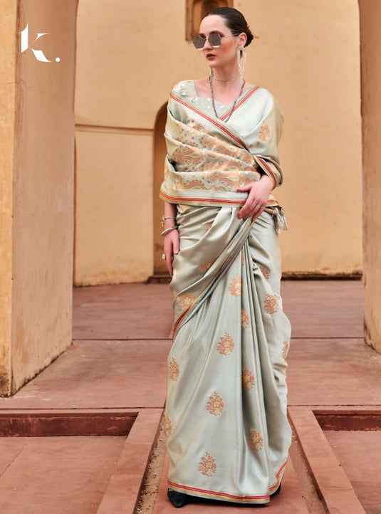 Grey Pure Satin With Copper Zari Weaving Designer Saree