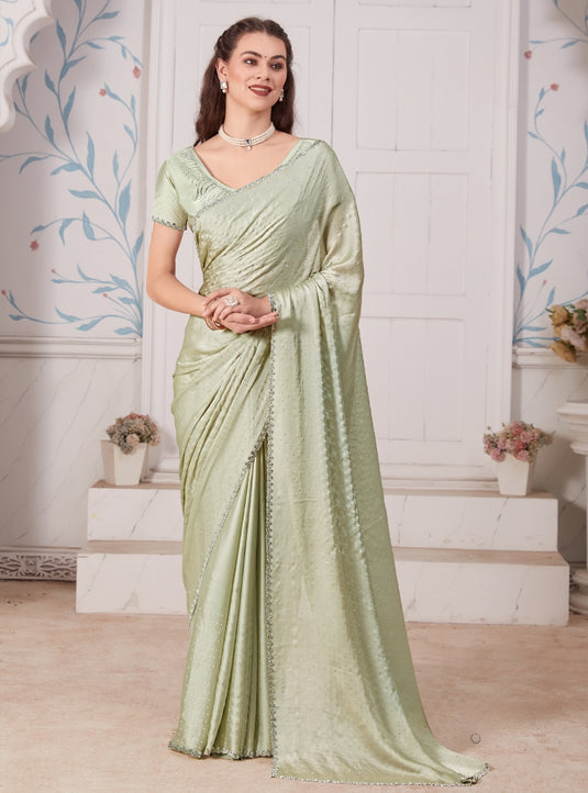 Mint Green Majestic Premium Satin Swarovski Work Saree