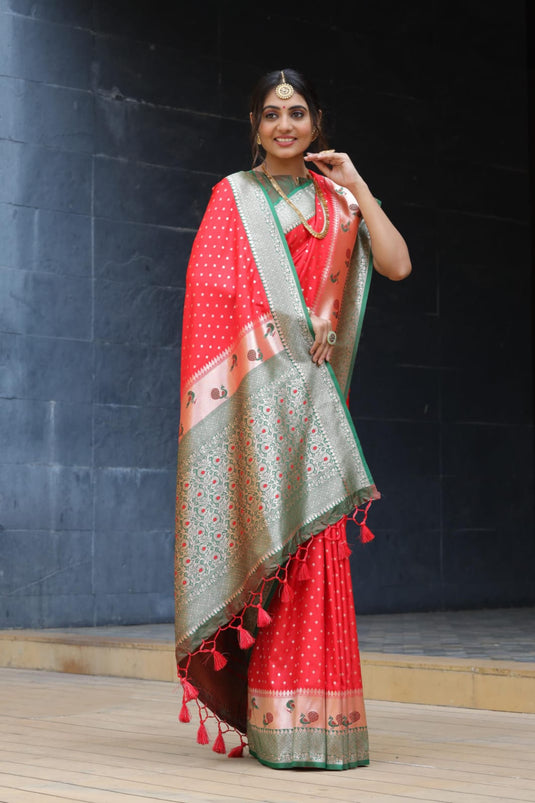 Red Banarasi Soft Silk Zari Weaving Paithani Saree With Beautiful Contrast Peacock Border