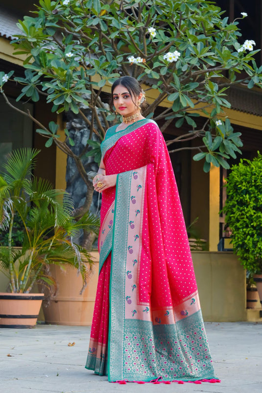 Pink Banarasi Soft Silk Zari Weaving Paithani Saree With Beautiful Contrast Peacock Border