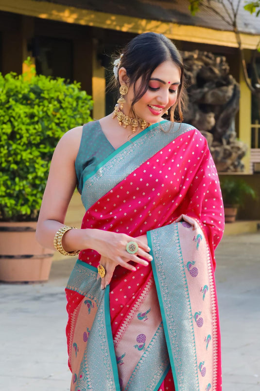 Pink Banarasi Soft Silk Zari Weaving Paithani Saree With Beautiful Contrast Peacock Border