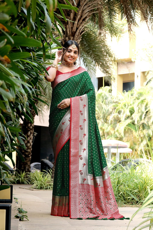 Bottle Green Banarasi Soft Silk Zari Weaving Paithani Saree With Beautiful Contrast Peacock Border