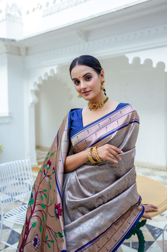 Grey Soft Kanjivaram Silk Rich Paithnai Pallu Traditional Saree