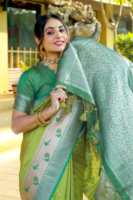 Light Green Banarasi Soft Silk Zari Weaving Paithani Saree With Beautiful Contrast Peacock Border