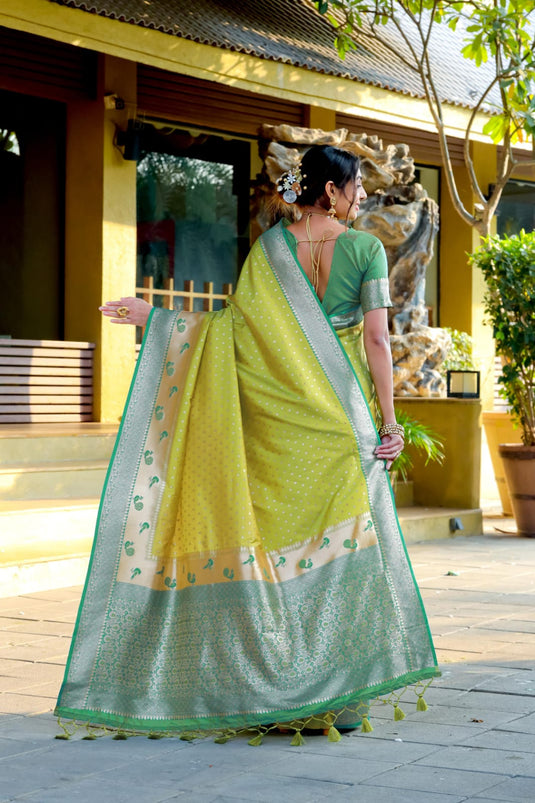 Light Green Banarasi Soft Silk Zari Weaving Paithani Saree With Beautiful Contrast Peacock Border