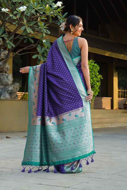 Navy Blue Banarasi Soft Silk Zari Weaving Paithani Saree With Beautiful Contrast Peacock Border