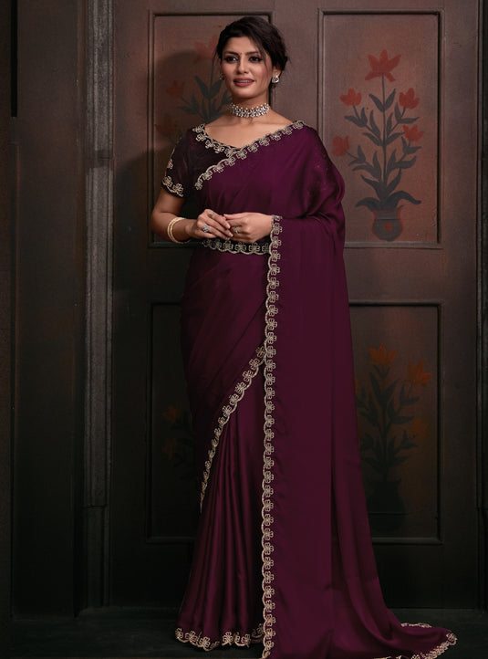 Wine Stunning Premium Satin Silk Swarovski Work Saree