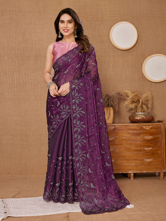 Purple Designer Burberry Silk Sequence Embroidered Work Saree