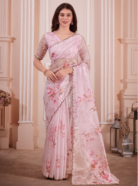 Pink Effortless Premium Metallic Organza Floral Digital Printed Saree