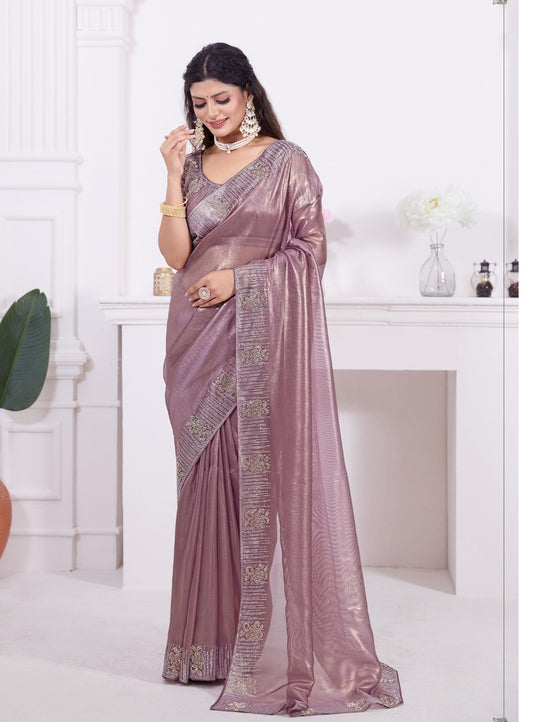 Mauve Graceful Premium Metallic Organza Stone Work Saree