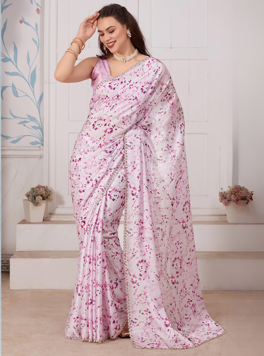 Lavender Elegant Premium Satin Floral Digital Printed Saree