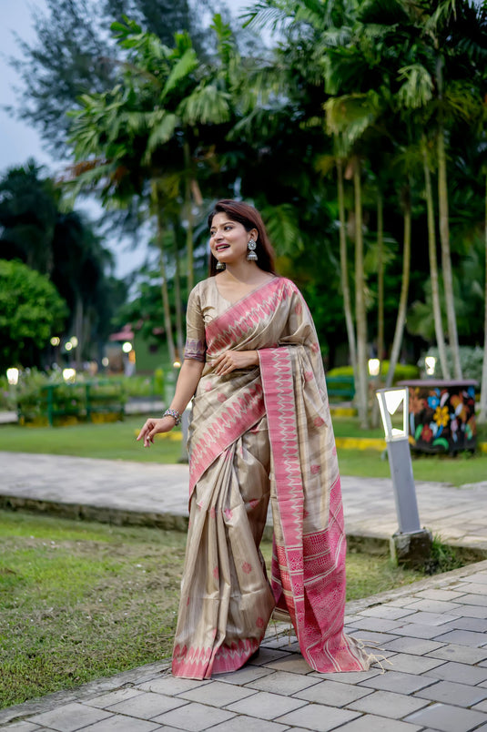 Beige-Pink Classic Tussar Silk Traditional Weaving Pattern Saree