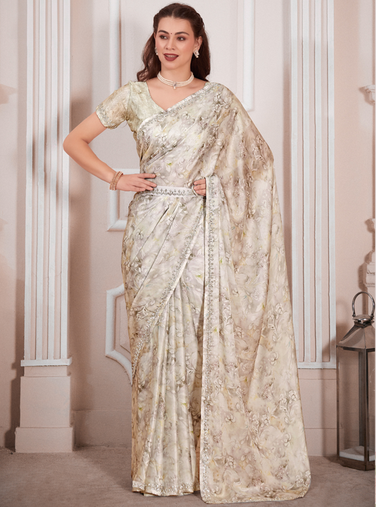 Sand Radiant Premium Satin Floral Digital Printed Saree