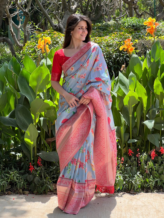 Powder Blue Soft Banarasi Silk Floral Digital Printed Zari Weaving Border Saree