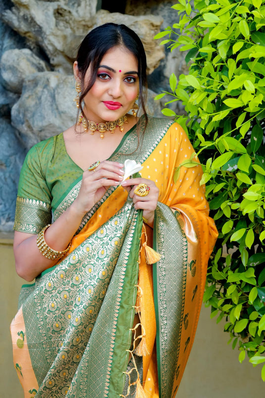 Yellow Banarasi Soft Silk Zari Weaving Paithani Saree With Beautiful Contrast Peacock Border