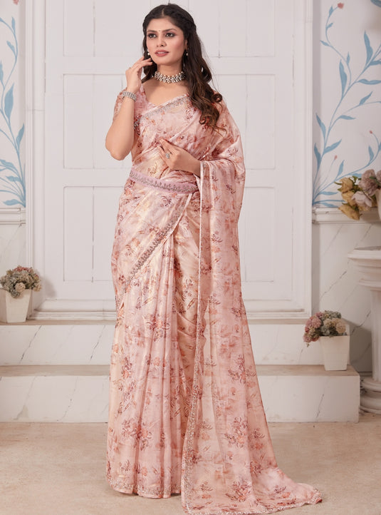 Peach Radiant Premium Metallic Organza Floral Digital Printed Saree