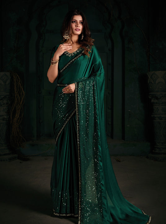 Bottle Green Radiant Premium Satin Sequence Embroidered Work Saree