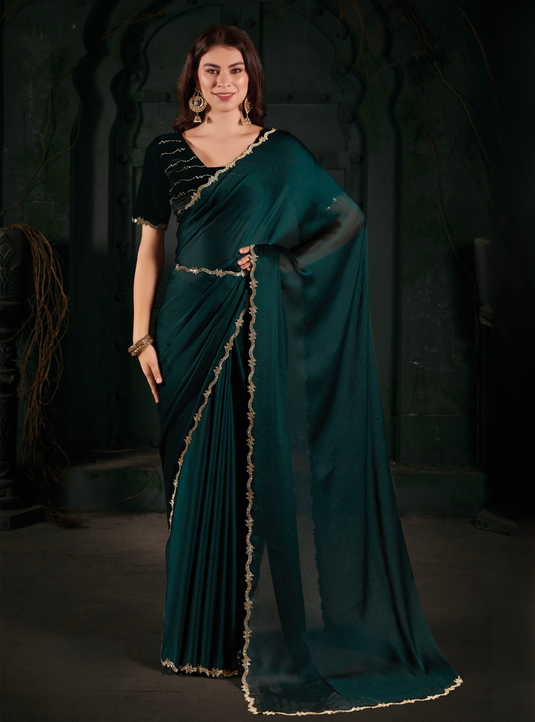 Teal Green Latest Georgette Silk Plain Handwork Border Saree