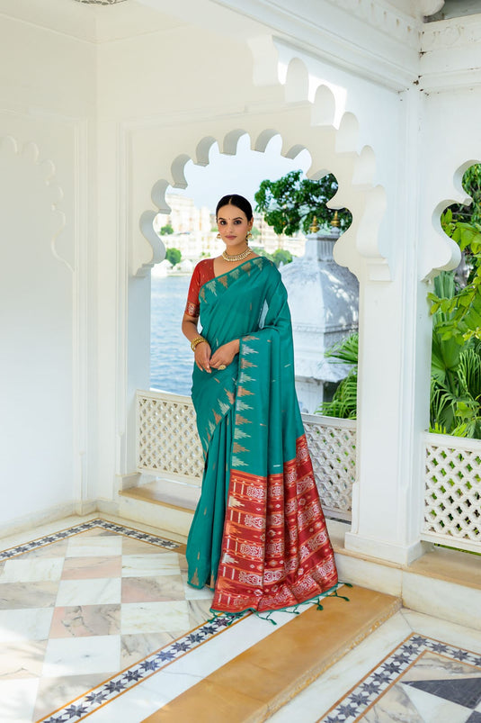 Sea Green Soft Tussar Silk Zari Weaving Ikkat Pallu Saree