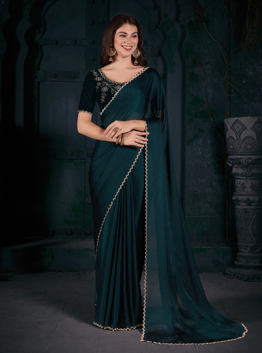 Teal Green Radiant Georgette Silk Plain Handwork Border Saree