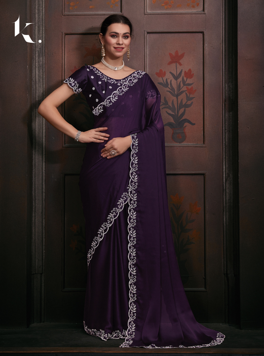 Violet Elegant Premium Satin Silk Swarovski Work Saree