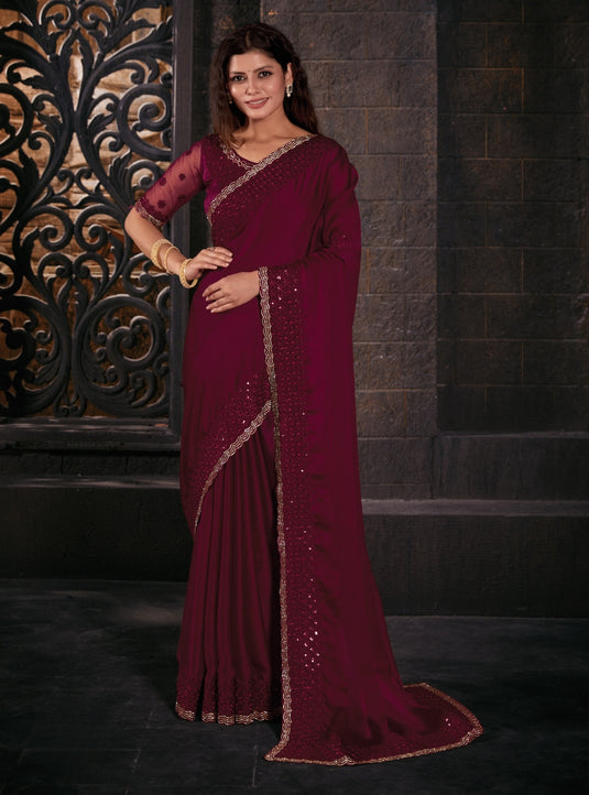 Maroon Graceful Chiffon Thread Embroidered Stone Work Saree